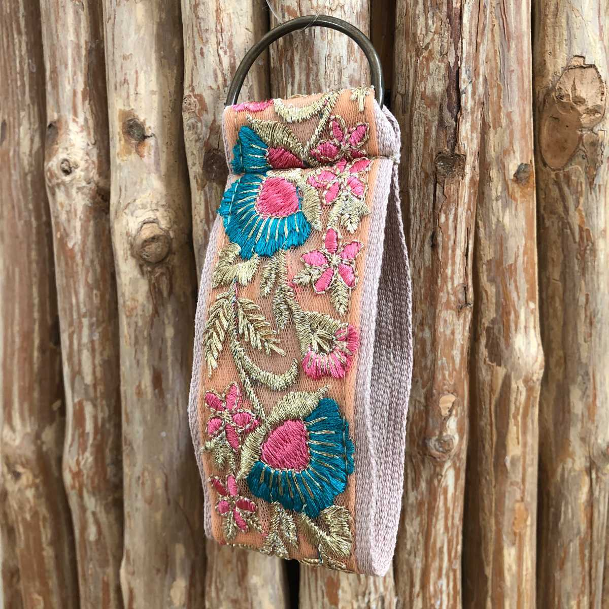 Porte-cl�s bracelet tissu fleurs ginko